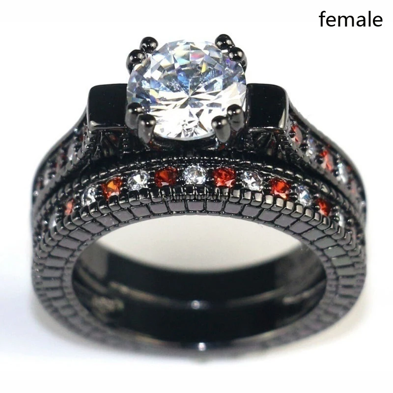 Romantic Couple Rings Fashion Men Stainless Steel Carbon Fiber Rings Cute Women Zircon Ring Set Wedding Engagement Band Lover