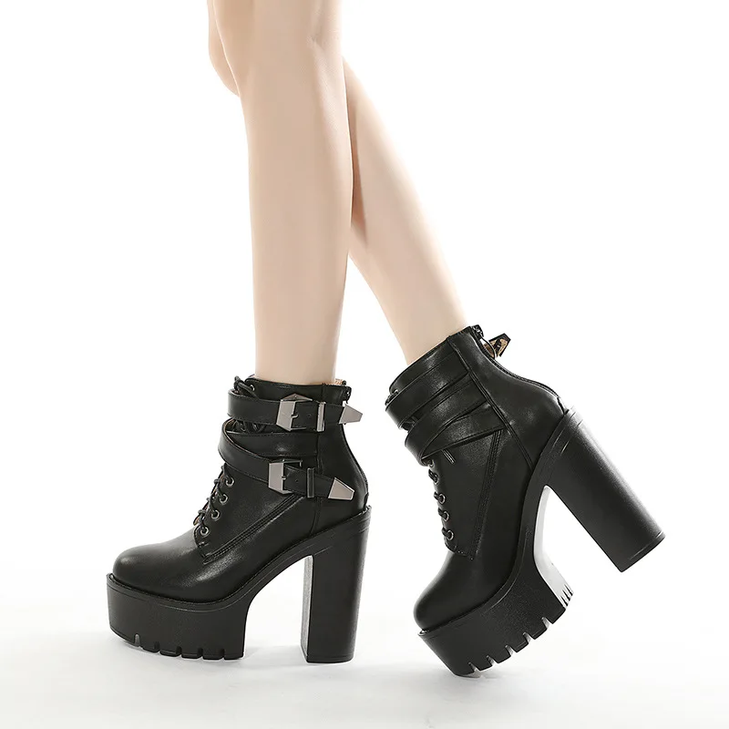 New Spring Autumn Fashion Women Boots High Heels Platform Buckle Lace Up Leather Short Booties Black Ladies Shoes Promotion