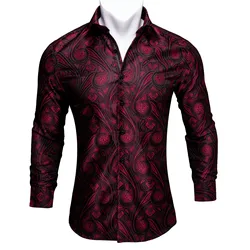 Barry.Wang Red Paisley Bright Silk Shirts Men Autumn Long Sleeve Casual  Flower Shirts For Men Designer Fit Dress Shirts BCY-01