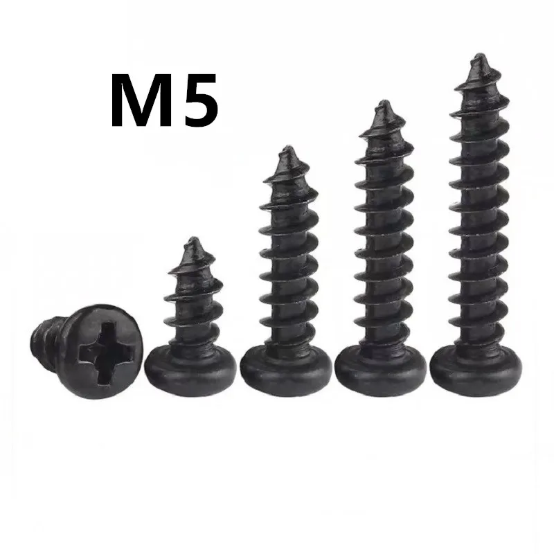 100PCS GB845 M5x10/12/14/16/18/20/25/30/35/40/100mm PA Black 304 stainless steel round head micro pan head cross tapping screw