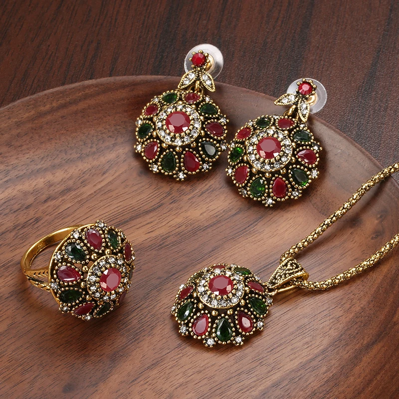 Kinel Hot Ethnic Bride Crystal Flower Earring Ring Jewelry Sets Fashion Antique Gold Necklace For Women Boho Jewelry Wholesale