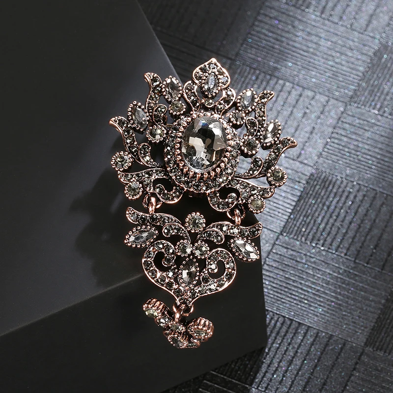 Kinel 2020 Luxury Gray Crystal Women Brooch Pins Vintage Turkish Wedding Jewelry Antique Gold Color Alloy Family Banquet Gift