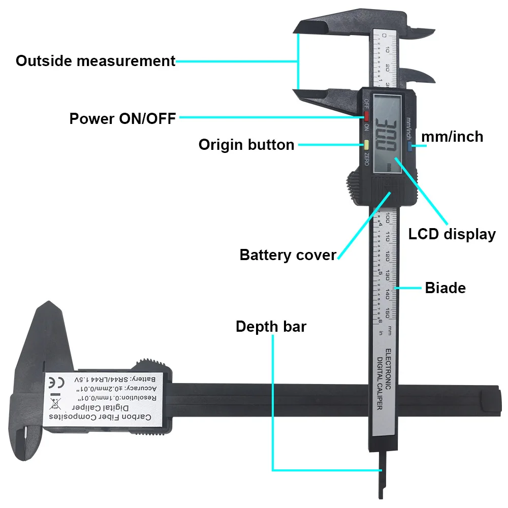 Calibrador Vernier Digital de 150mm, pantalla LCD de 6 pulgadas, acero inoxidable/plástico de fibra de carbono, 0,1mm, micrómetro, paquímetro