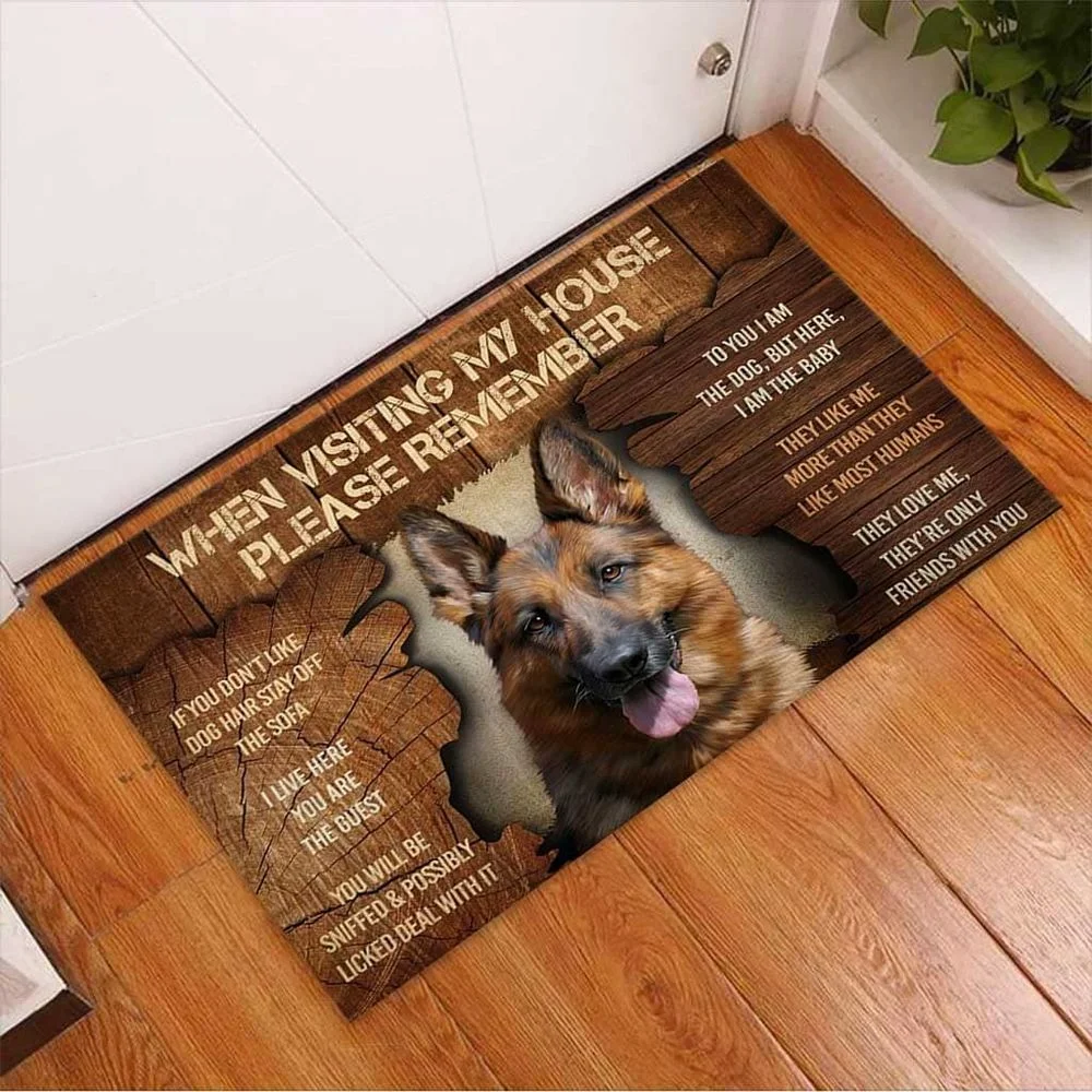 CLOOCL When Visiting My House Doormat Decor German Shepherd Dog Coir Pattern Print Doormat Non-Slip Soft Flannel Carpet