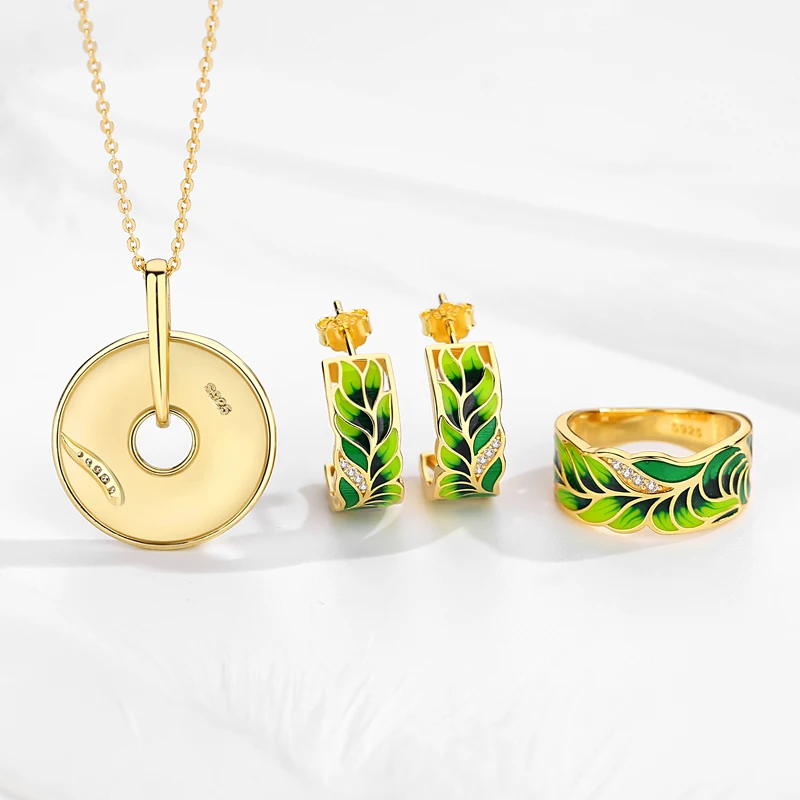 KALETINE Vintage Flower Ring Necklace 925 Sterling Silver Huggie Drop Earrings for Women Bohemian Round Party Enamel Jewelry Set