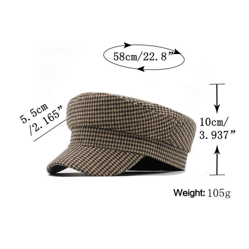Classic Winter Wool Military Hat Fashion Hats For Women Female Flat Army Cap Salior Hat Girl Visor Travel Vintage Plaid Berets