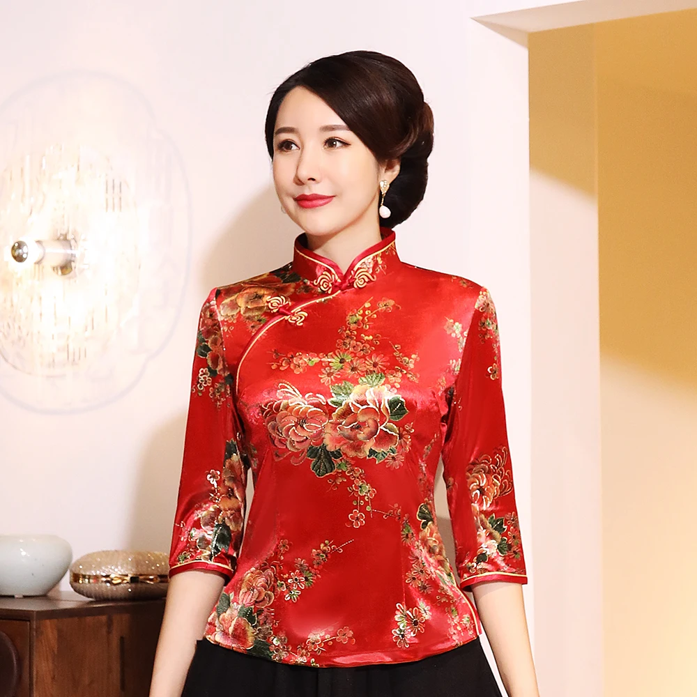 

Vintage Blouse Velvet Women Oriental Tops Retro Mandarin Collar Coat Red Floral Shirt Traditional Chinese Tang Clothing