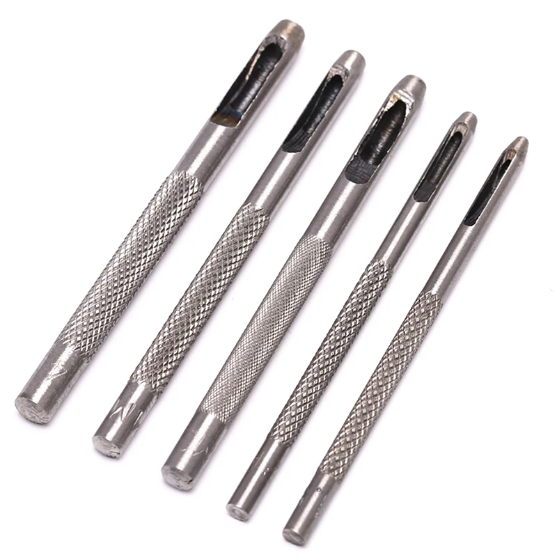 5Pcs/Lot Silver Steel Leather Round Shape Hole Punch Kit Belt Watch Band Hollow DIY Tool With Box