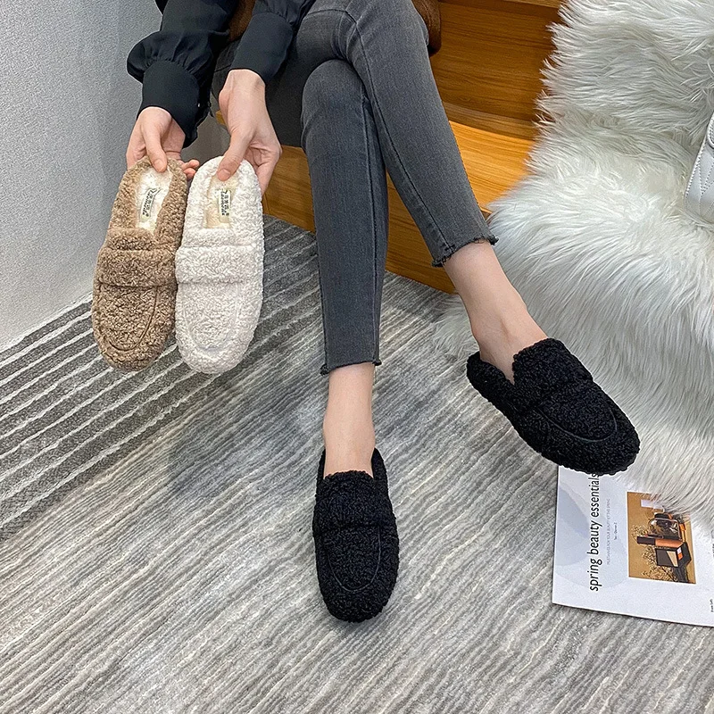 Winter Warm Plush Mules Women One Band Fur Slippers Cozy Cotton Shoes Woman Flats Cover Toe Fleeces Slides Femme Wool Pantuflas