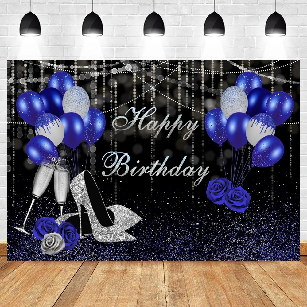 

Gold Royal Blue Birthday Backdrop for Women Birthday Party Background High Heels Sliver Balloons Pearl Adults Women Party Banner