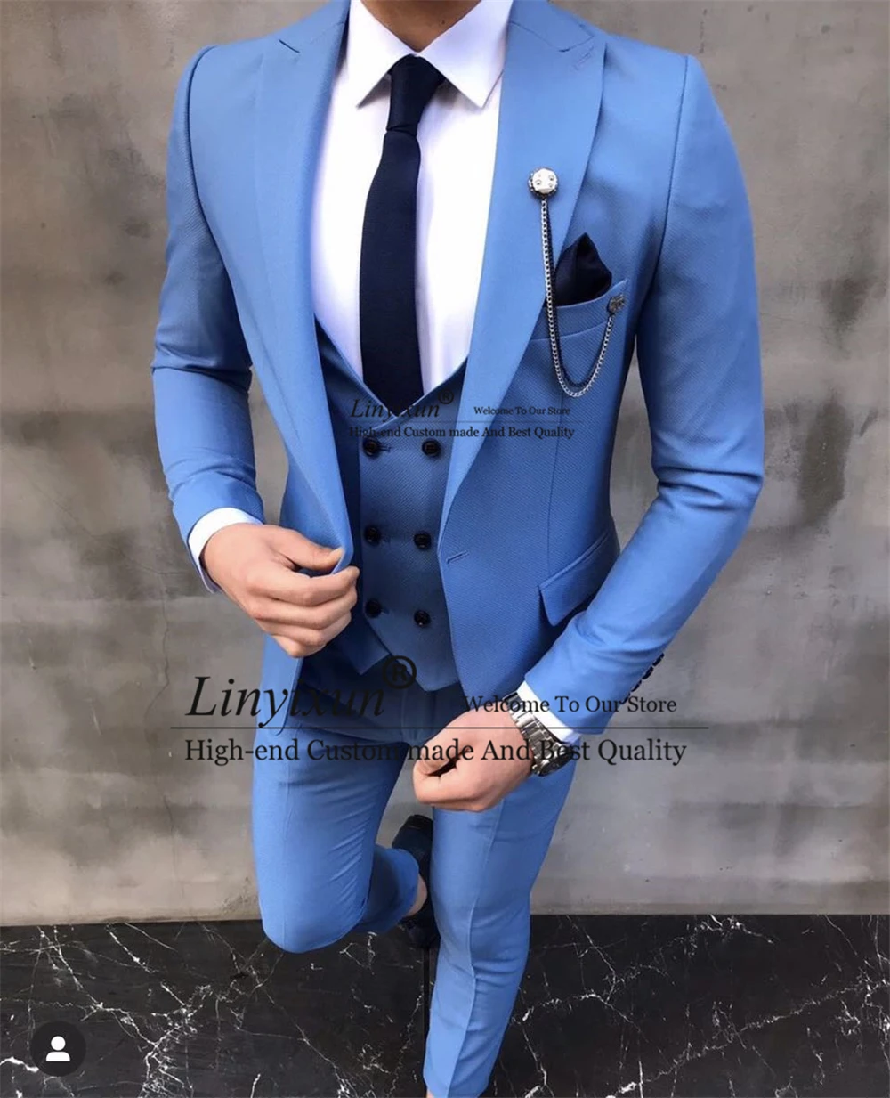 Fashion Men Suits Blue Groom Tuxedo Slim Fit Groomsmen Wedding Blazer Blue Prom Banquet 3 Piece Terno Masculino Jacket+Pant+Vest