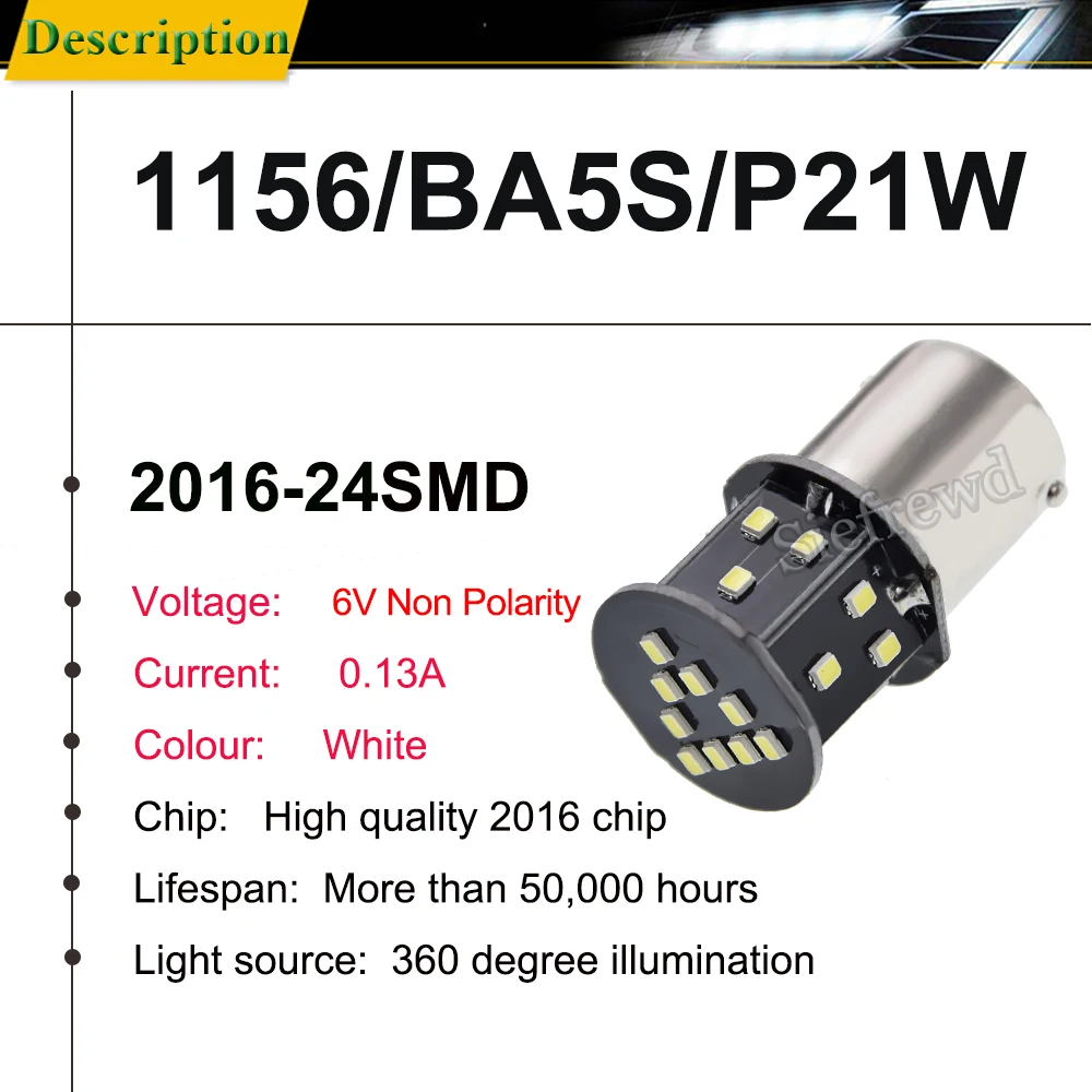 2Pcs 1156 BA15S LED Bulb P21W 6V 6 Volt Classic Vintage Motorbike Moped Backup Reverse Brake Turn Signal Light Lamp White 6000K