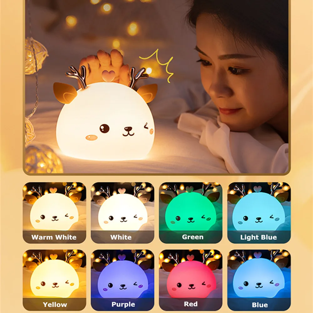 Love Deer Night Light Touch Sensor Remote Control Colorful Silicone USB Rechargeable LED Lamp for Children Kids Baby Girl Gift