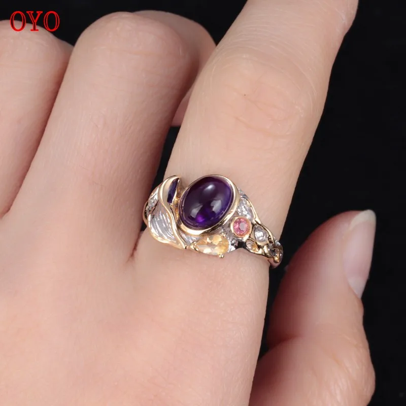 S925 sterling silver amethyst leaf ring female simple fashion gilt index finger ring opening adjustable silver jewelry