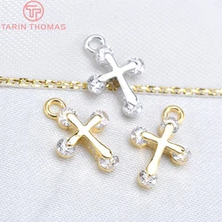 (711)6PCS 13MM 24K Gold Color Plated Brass with Zircon Cross Charms Pendants High Quality Diy Jewelry Accessories Wholesale