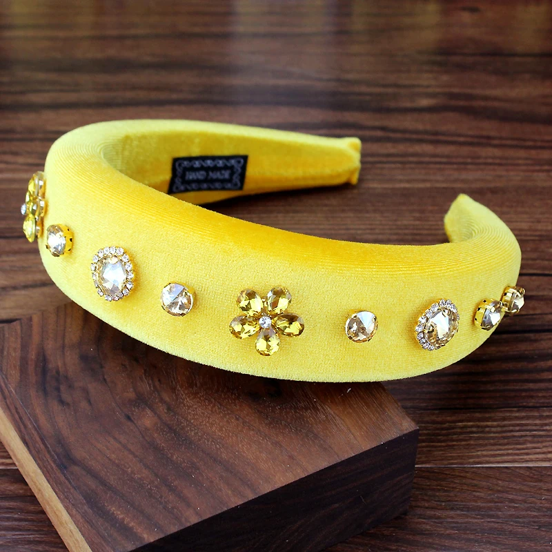 Simple Yellow Black Crystal Flower Padded Hairband Rhinestone Women Headband Luxury Headdress For Girls Fashion Hair Accessories