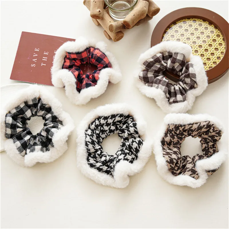 

Vintage Splicing Lattice Plush Scrunchie For Women Fashion Elastic Hair Band Girl Ponytail Hold Rubber Band Tie Hair Accessories