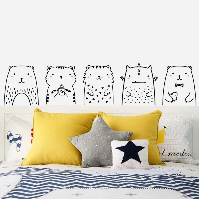 Cute Vinyl Wall Decals for Children's Room Decoration, Cartoon Stickers, Animal Bear, Naughty Cat, Kitchen Cabinet Art, 1Pc