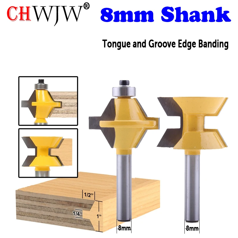 

CHWJW 2PC 8mm Shank Tongue and Groove Edge Banding Router Bit Set Wood Cutting Tool