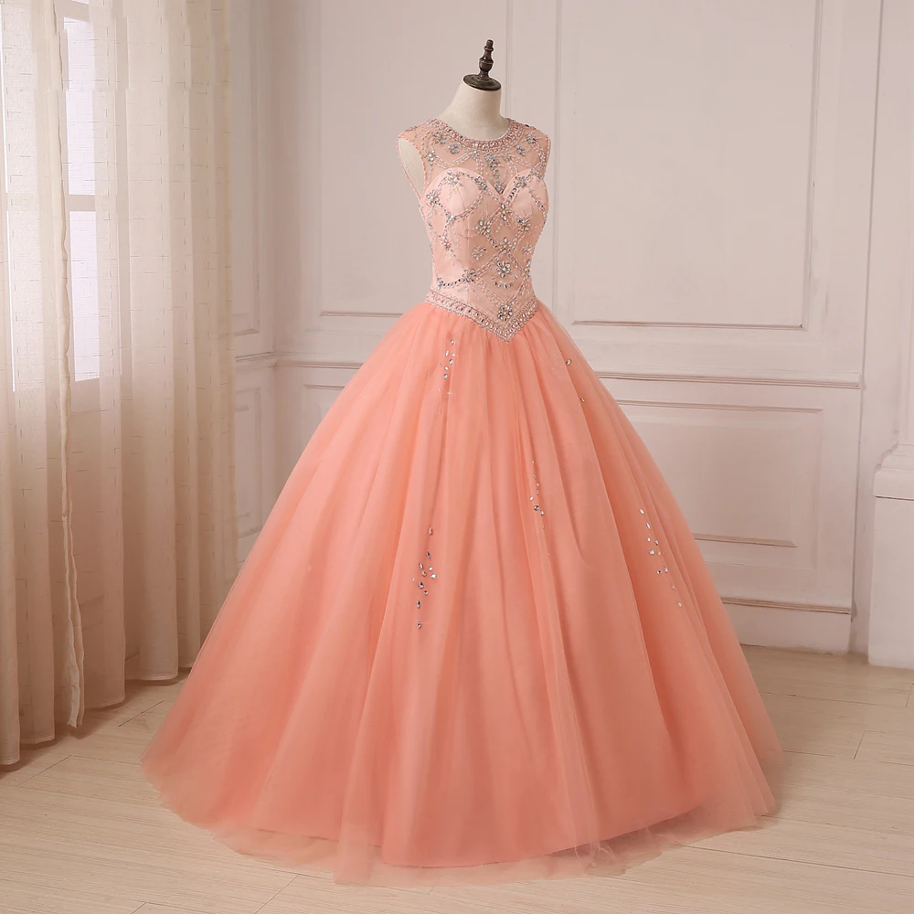 Vestido quinceanera coral scoop, vestido de baile com gola transparente, sem mangas, com strass, doce, para festa, 2020