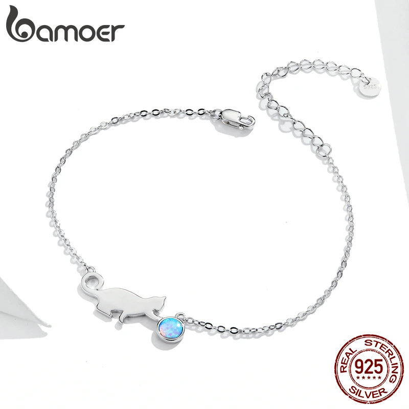 Bamoer Authentic 925 Sterling Silver Cute Pussy Cat Opal Link Bracelet for Women Luxury Fine Jewelry Female Gifts SCB175