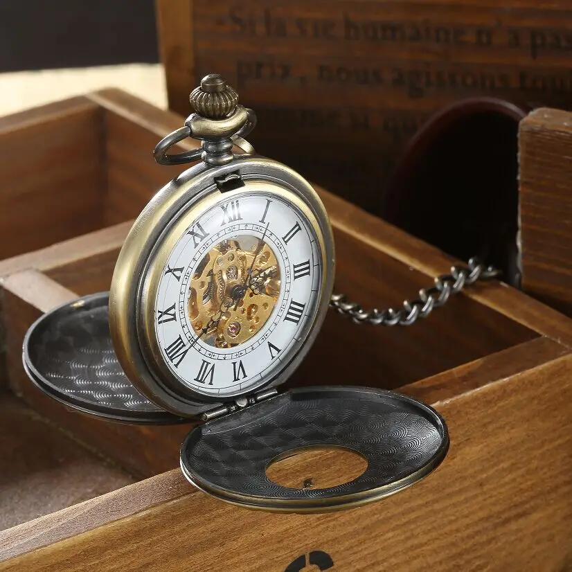 Vintage 2 Sides Open Case Mechanical Men's Watch Double Face Roman Dial Clock Hand Wind Pocket Watch With FOB Chain Gift