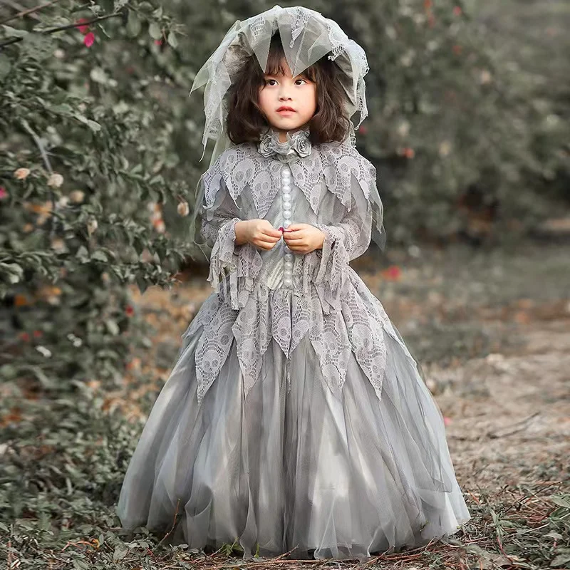 Grey Girls Corpse Bride Cosplay Children Kids Halloween Zombie Costumes Carnival Purim Parade Masquerade Role Play Party Dress