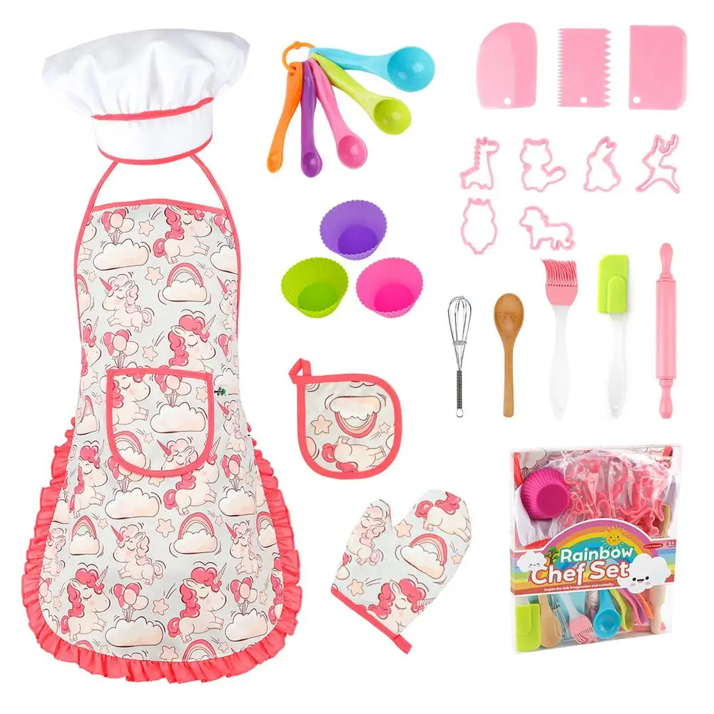 Real Kids Baking And Cooking Sets  Chef Set For Kids Age 3  Including Pink Apron Chef Hat Oven Mitt Cookie Cutters Kids Cook