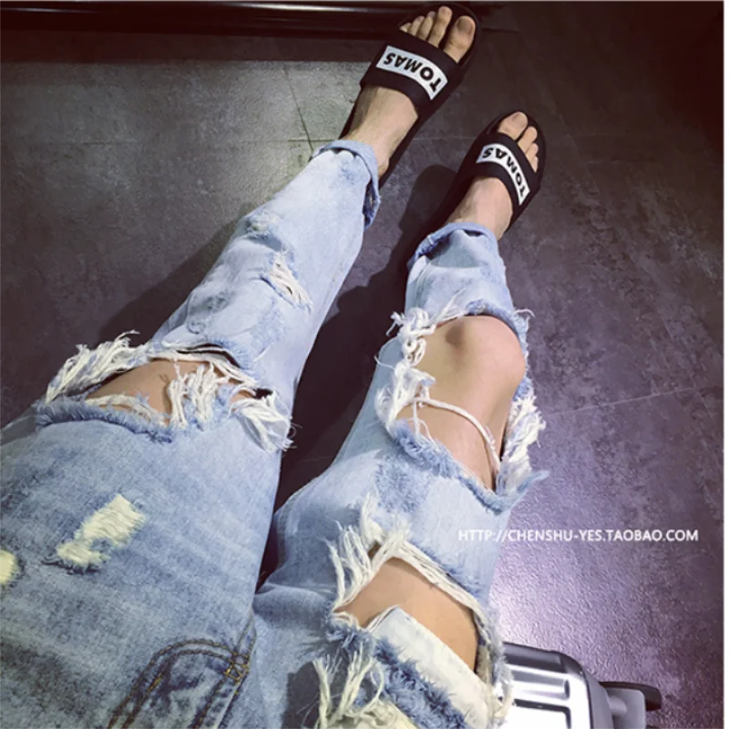 28-42 big ripped jeans trendy men exaggerated trend wild cropped pants oversized super ripped personality nightclub