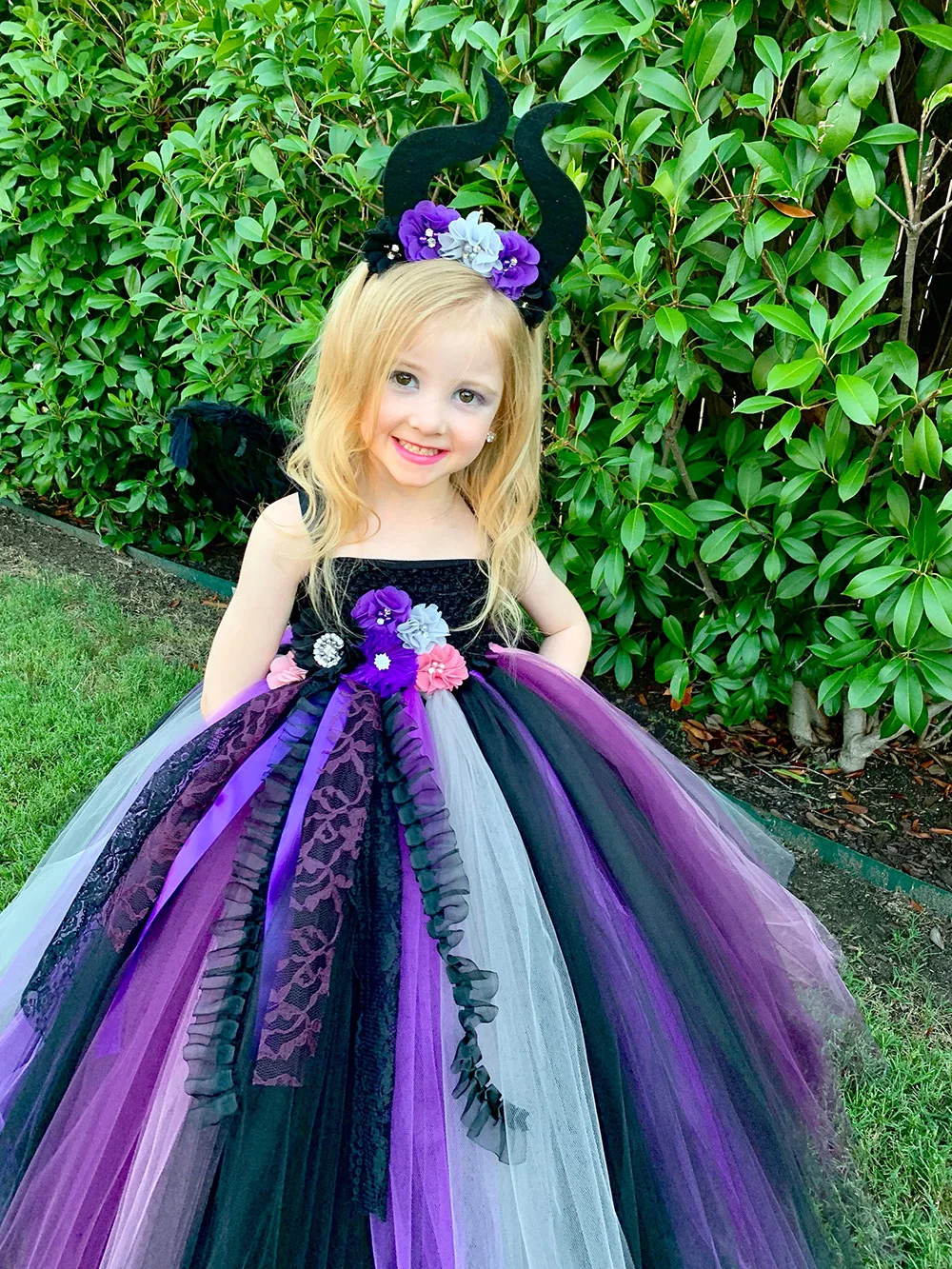 Girls Maleficent Witch Flower Tutu Dress Kids Tulle Dress Ball Gown with Lace Ribbons Children Halloween Party Costume Dresses