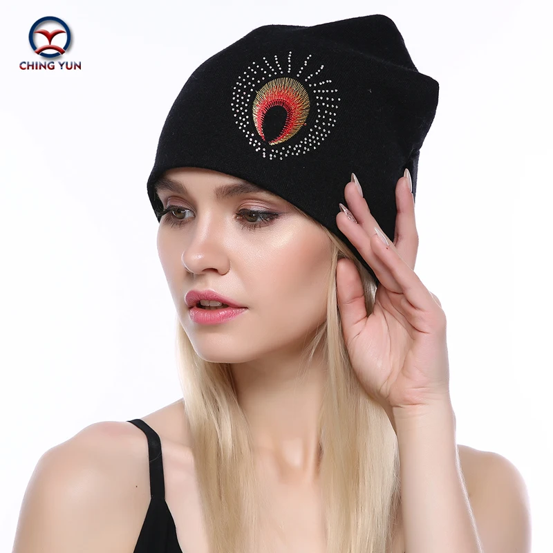 CHING YUN Women Cashmere knit hat new soft Winter Warm Peacock pattern embroidery High Quality Female Solid Color Knitted Hat