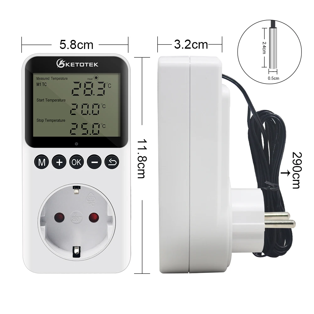 KT3200 EU/US/AU/UK Incubator Socket Thermostat Digital Temperature Controller With Timer Switch Sensor Probe Heating Cooling