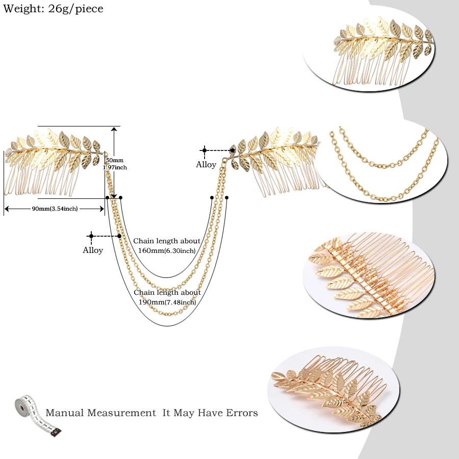 Romantic Wedding Bride Hair Accessories for Women Accessories Fashion Gold color Chain Leaf Hair Jewelry Clip for Hair Comb Pins