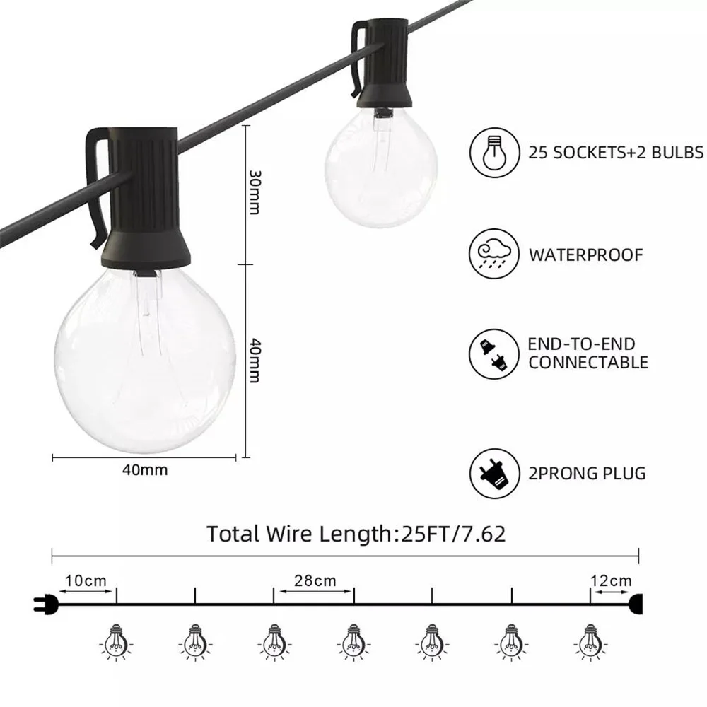 Outdoor impermeável Globo String Lights, Fairy Lights, guirlanda para festa de jardim, casamento, decoração de Natal, retro, 25 lâmpadas, G40, novo