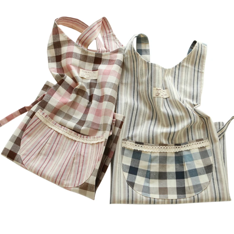 Linen Cotton Apron Cute Plaid Stripe Kitchen Cooking Suspenders Aprons Japanese Housework Baking Florist overalls Uniform Apron