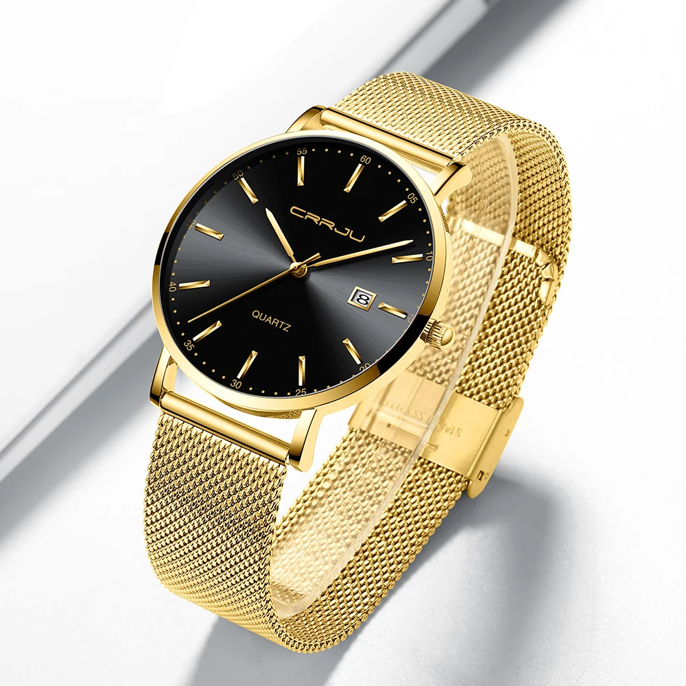 CRRJU Classic Business Men Watch Fashion Simple Ultra thin Waterproof Steel Date Display Quartz Wristwatch relogio feminino