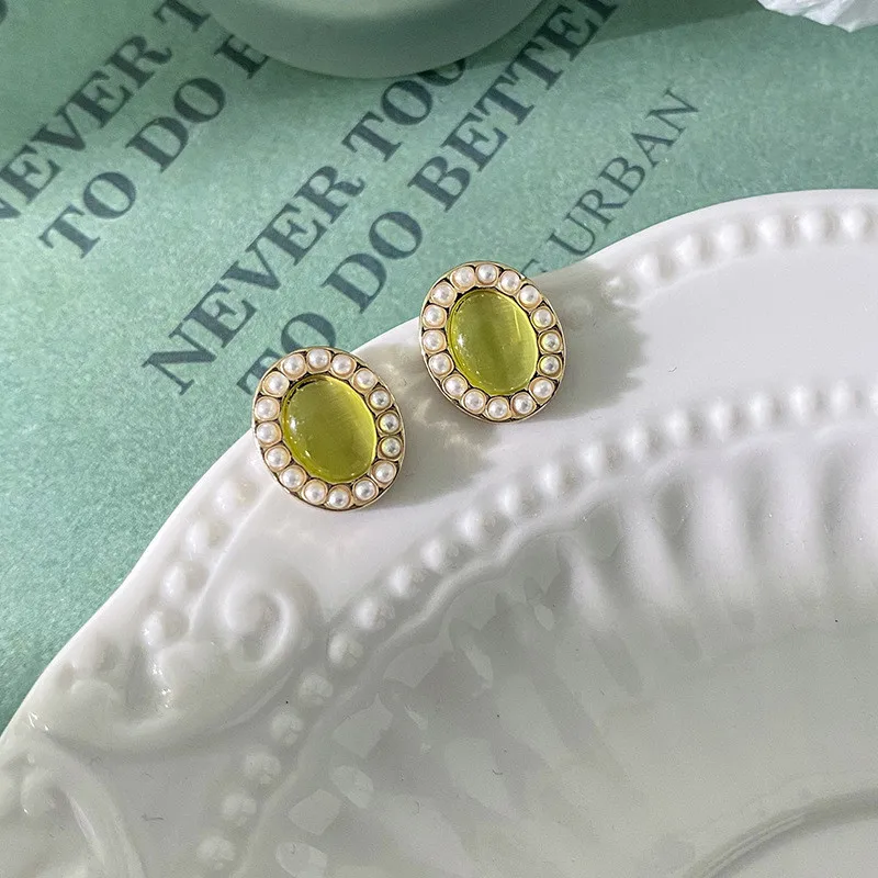 

Elegant Pearl Green Stone Stud Earrings 925 Silver Needle Ear Piercing Clip Wedding Unusual Woman Opal Earrings Jewelry Women