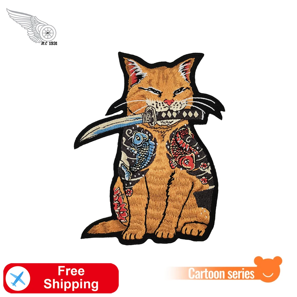 Tattoos Cat with Knife Patches Japanese Embroidered Iron on for Clothing DIY Cartoon Patch Shirts Twill Stickers Cool Appliques