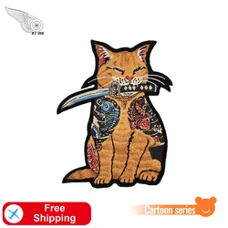 Tattoos Cat with Knife Patches Japanese Embroidered Iron on for Clothing DIY Cartoon Patch Shirts Twill Stickers Cool Appliques