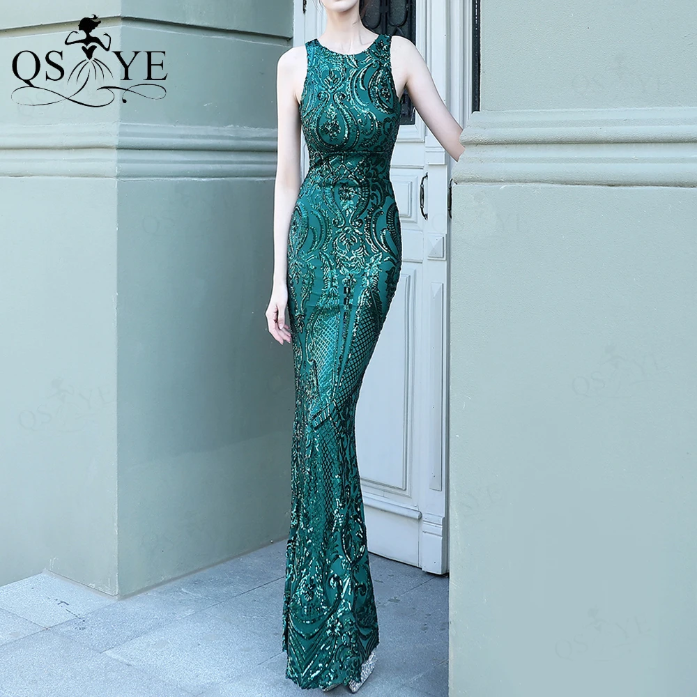 

Sequin Green Prom Dresses Sleeveless Pattern Lace Mermaid Evening Gown Fitted Open Low Back Formal Emerald Long Party Dress