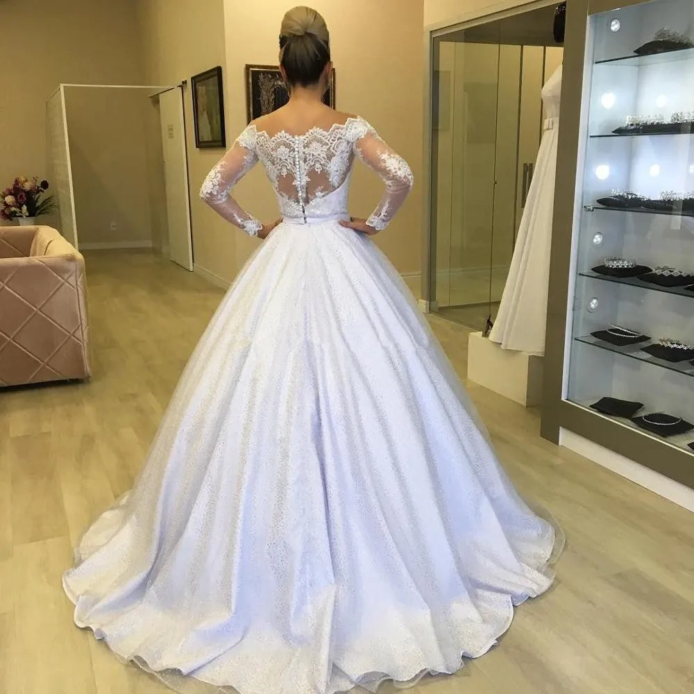 جوهرة خط الرقبة الدانتيل زين خط فساتين الزفاف بأكمام طويلة Vestidos De Noiva طول الأرض أزرار الظهر زي العرائس