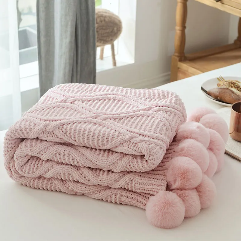 

Autumn Winter New Knitted Blanket Solid Color Thick Wool Hairball Nap Blankets Diamond Knit Single Air-conditioning Blanket