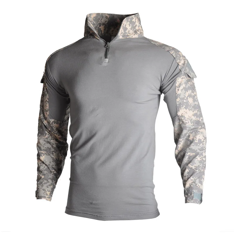 Military Army T-Shirt Men Long Sleeve Camouflage Tactical Shirt Hunt Combat Multicam Camo T Shirt with Elbow Pads