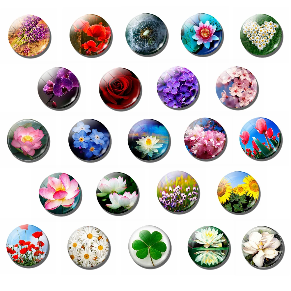 Daisy Rose Sakura Flower Fridge Magnet 30mm Glass Cabochon Cherry Poppy Flower Fashion Accessories Magnets Home Decoration