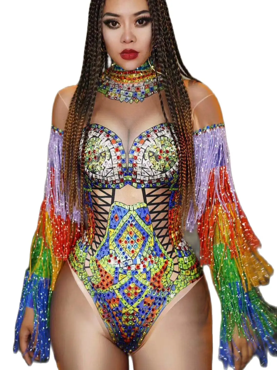 

Phoenix Women Bodysuits Multicolor Tassel Crystal Rhinestone DJ Nightclub Dancer Stage Show Drag Queen Outfit Bodycon