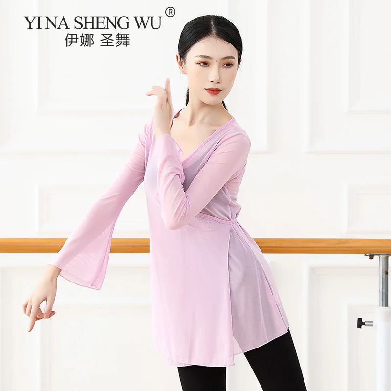 New Chinese Folk Classical Dance Practice Clothes For Performances Flowing Body Rhyme Gauze Long Sleeve Tops Sexy Mesh Shirt 3XL