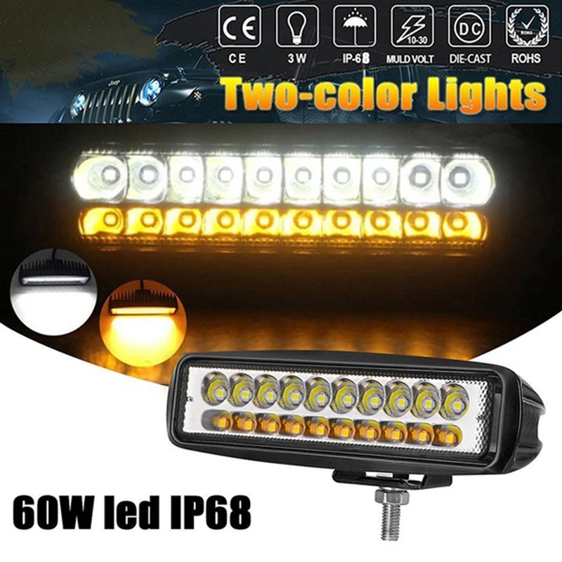 1PC 2V 24V headlights Beam Work Light for Cars Double Color 6 18W Slim LED Light Bar White Amber 1