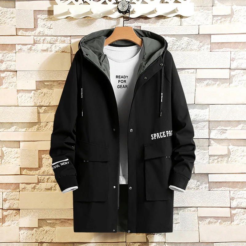 

Men's Spring And Autumn New Style Plus-size Hooded Mid-length Trench Coat Youth Handsome Slim Fit Jacket Popular