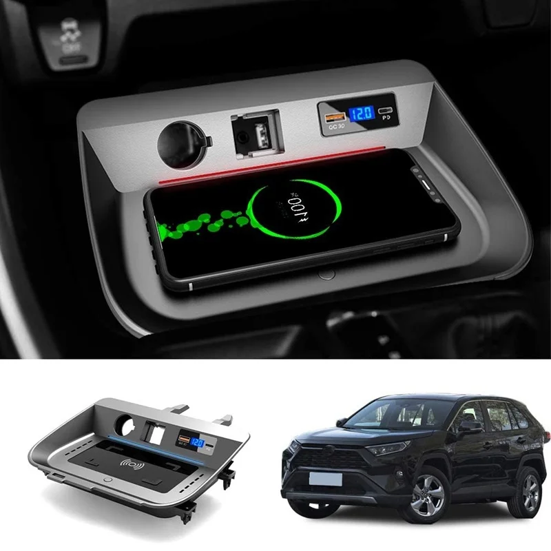 15W Car Wireless Charger for Toyota RAV4 2019-2021, QC 3.0 Fast Charging Stations, 2 USB Port 36W Wireless Charger Pad