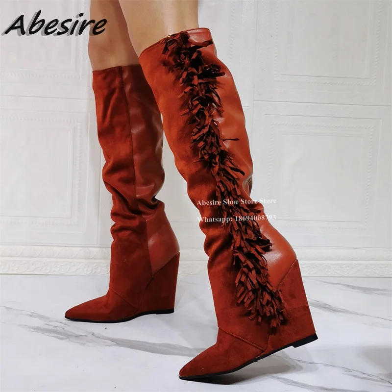 

Abesire Long Boots Fringe Splicing Wedges High Heel Solid Slip On Pointed Toe Knee High New Autumn Winter Big Size Women Shoes